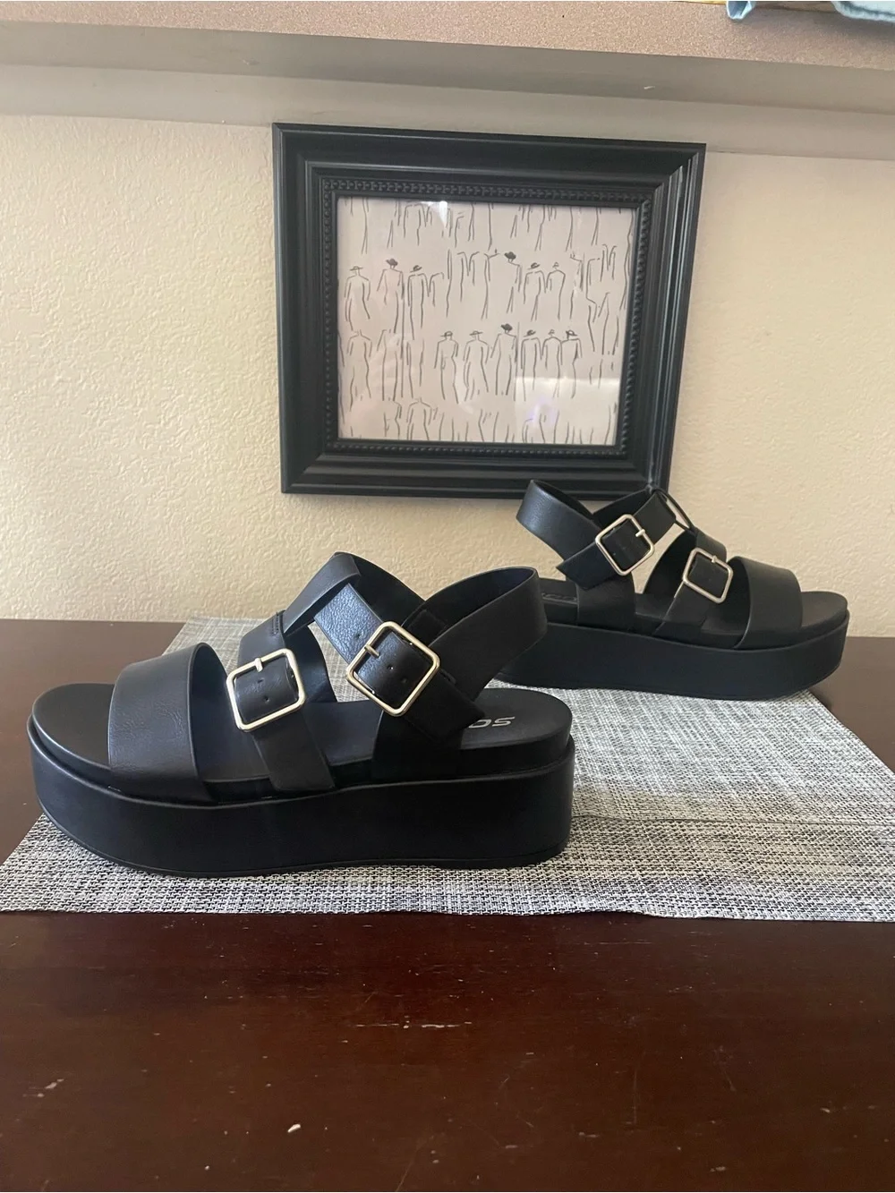 Soda Black Triple-Strap Buckle Slingback Sandals